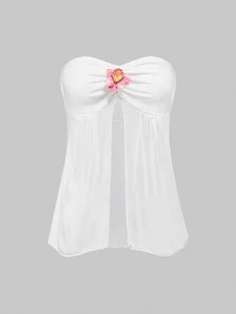 Cardigan corto da donna con scollo a V profondo e decorazioni floreali, stile da vacanza