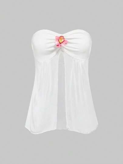 Cardigan corto da donna con scollo a V profondo e decorazioni floreali, stile da vacanza