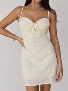 Roylia Women Solid Color Eyelet Embroidered Knot Front Shirred Cami Dress - Yellow - View 5