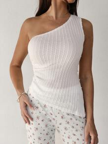 Roylia Women's Spring & Summer Fashionable One Shoulder Halter Knitted Cable Sleeveless Top, Asymmetrical Hem Fitted Slim Tank Shirt With Side Buttons - White - View 6