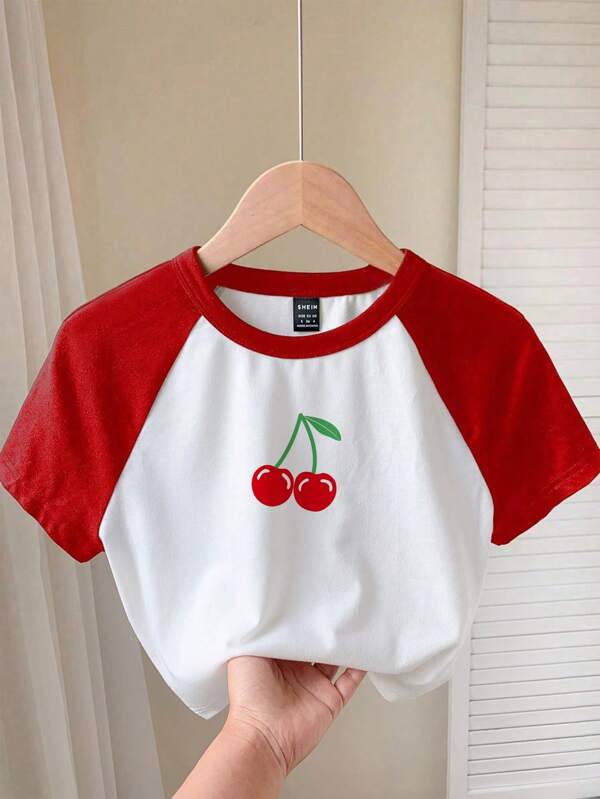 Comfortcana Camiseta casual de cuello redondo, manga raglán corta y corta en rojo y blanco con estampado de cerezas, apropiada para el verano
