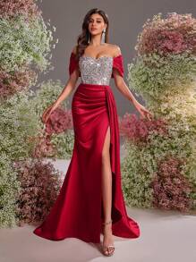 Glamrae Váy dài đuôi cá xẻ tà bằng vải satin đính hạt đàn hồi màu bạc sang trọng, thanh lịch, sang trọng trễ vai, viền xếp nếp, thích hợp cho đám cưới, tiệc tùng, câu lạc bộ, ngày lễ, váy dạ hội (được trang trí nhiều chi tiết) - Đỏ - Xem 3