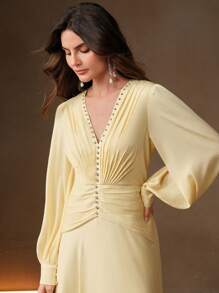 Anewsta 女士优雅V领褶皱腰褶连衣裙，女士生日礼服，婚礼宾客礼服 - 黃色 - 查看 6