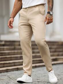 Manfinity Homme Quần âu nam đơn sắc, túi trước cài nút, phong cách tối giản, thường ngày, mùa thu - Màu Khaki - Xem 7
