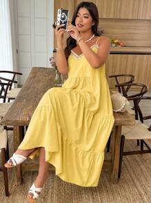 Weeklong Vestido de línea A con decoración de cuello con tirantes finos y dobladillo con volantes para mujeres talla grande de vacaciones - Amarillo - Ver 5