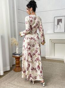 Yasmyna Women Floral Print Ribbon V-Neck Elegant Long Sleeve Arabic Dress, Modest - Multicolor - View 7