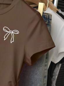 INAWLY 女式休闲蝴蝶结印花褶饰T恤，夏季 - 棕色 - 查看 5