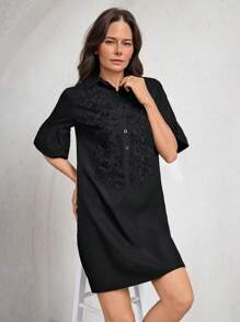 Miaspire Women's Summer Solid Color Front Button Elegant & Fashionable Short Sleeve Mini Dress - Black - View 5