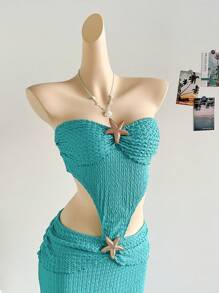 Soleia 度假海滩金属贝壳装饰白色镂空高腰弹力提花连衣裙，适合音乐节、海滩、波西米亚风、节日约会、茶会 - 春夏 - 藍色 - 查看 4