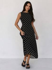 Almamuse New Polka Dot Print Elegant Round Neck Sleeveless Chiffon Dress - Black - View 3