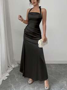 Rafferiza Đầm suông satin bó sát màu sâm panh thanh lịch xẻ tà bên hông, dài - màu đen - Xem 3