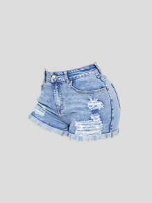 SHEIN Girlism Shorts vaqueros informales con bolsillos y efecto desgastado para adolescentes durante el verano