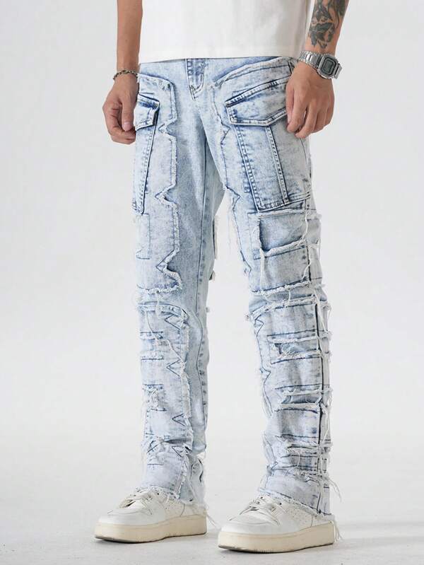 Chillumni Calça Denim Cargo Masculina Desbotada e Rasgada, Streetwear de Hip-Hop com Detalhes em Zíper e Design Exclusivo Rasgado