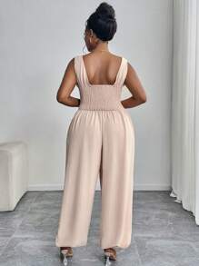 SHEIN PETITE CURVE Plus Size Khaki Casual Cropped Jumpsuit With Shirred Details And Square Neckline Lace Trim - Khaki - View 2