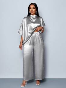 SOLERSUN Conjunto de blusa de satén con cuello de pico elegante y mangas tipo murciélago, bajo asimétrico, y pantalones rectos y elegantes largos, en color liso sofisticado para mujer