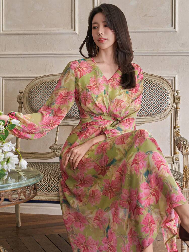 V-Neck Floral Print Lantern Sleeve Belted Mid-Length Dress For Women,Fall Dress Long Sleeve Dress Boho