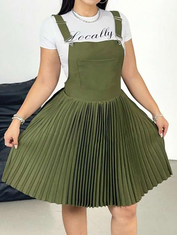 POPSWAY New Fashion Casual Loose Korean Design Strap Jumper & Pleated Mini Dress, Cinched Waist Vacation Dress For Women