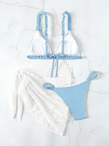 Swim Mod 女士三件套泳衣套装：纯色细肩带泳衣上衣、三角形泳裤和罩衫 - 藍色 - 查看 2