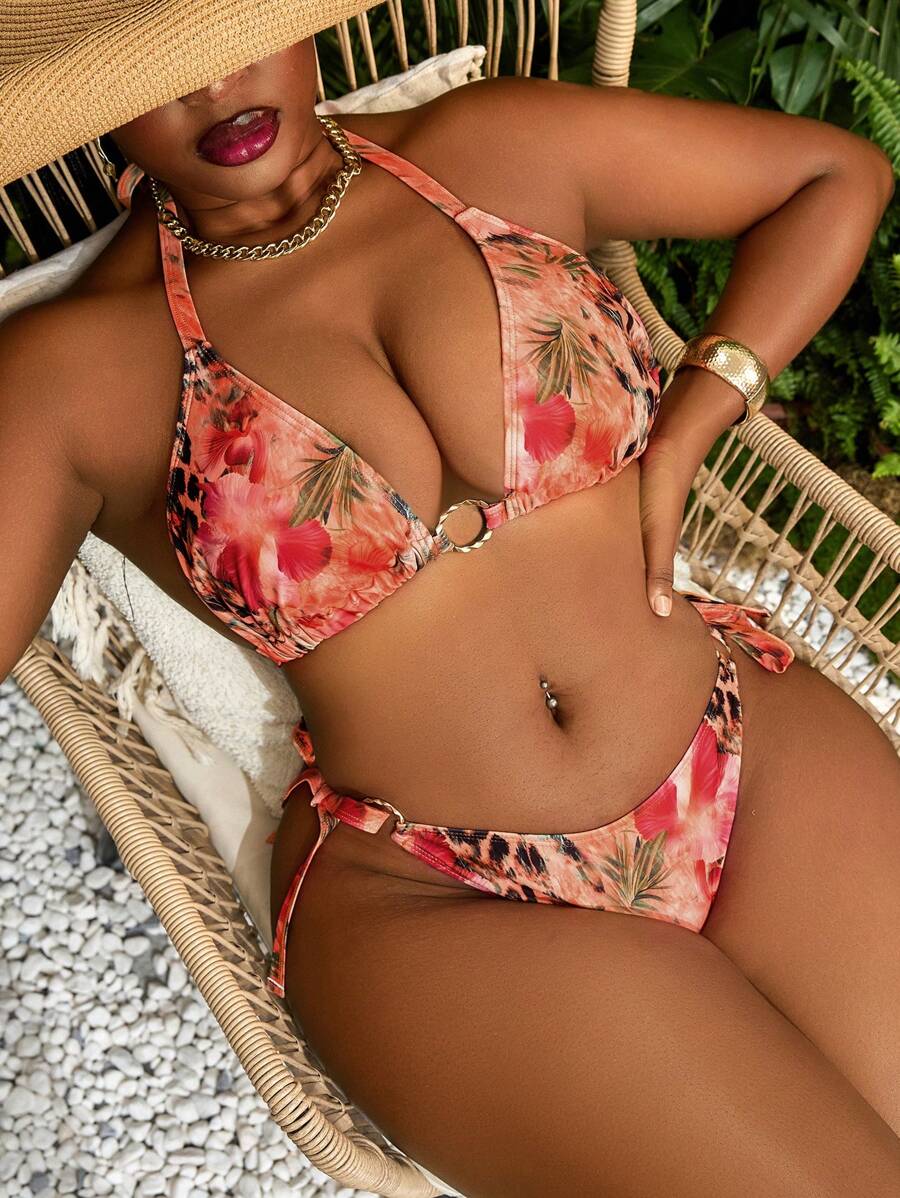 Slaydiva Plus Size Vacation Tropical Animal Print Bikini Set For Summer - Multicolor - View 1
