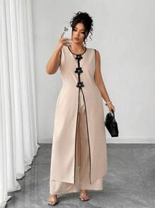 SHEIN LUNE Plus Size Sleeveless Round Neck 2 Pieces Set With 3D Flower Decor, Casual Wear For Outing & Commute - Apricot - View 6