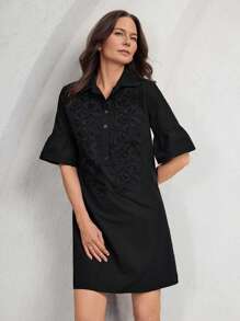 Miaspire Women's Summer Solid Color Front Button Elegant & Fashionable Short Sleeve Mini Dress - Black - View 6