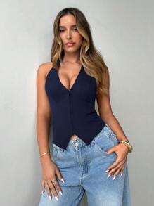 Aloruh Parte superior corta estilo halter con escote en U y diseño de pipa de agua (hookah) para mujer, espalda descubierta y sensual - Azul Marino - Ver 6