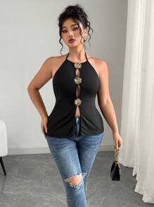 SHEIN CURVE+ Correa de sujección para mujer talla grande de estilo francés casual de vacaciones de verano con tirantes de espagueti, metal hueco y flor de camelia anudada