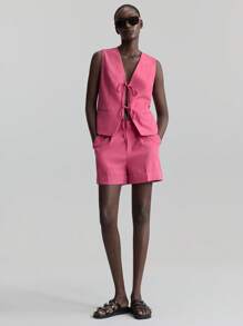 Ontre Bộ vest và quần short vest buộc dây phía trước dành cho nữ, trang phục công sở giáo viên, lễ hội âm nhạc mùa thu/đông - Màu Hoa hồng đỏ - Xem 2