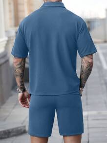 Manfinity CasualCool Conjunto de camisa polo de manga corta y pantalones cortos de unicolor informal para hombre, de verano