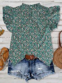 SHEIN LUNE Women's Casual Black Ditsy Floral Stand Collar Double Layer Bell Sleeve Short Sleeve Blouse, Spring/Summer - Green - View 2