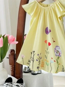 SHEIN Baby Mädchen elegantes Blumenprint gelbes Kleid mit weiter Passform und Flügelärmel, Sommer