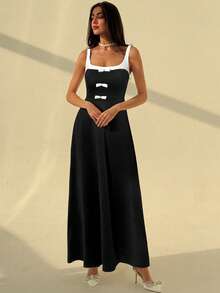 Aloruh Women's Elegant Color Contrast Bowknot Dress, Summer - Black - View 5