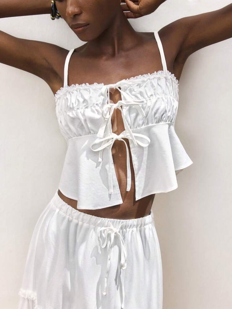 SHEIN Maija Women's Beige Bowknot Strap Decor Top, Romantic Bohemian Vacation Sleeveless A-Line Camisole With Multi Bowknot Detail, Comfortable For Spring & Summer
