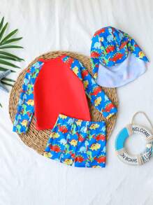 SHEIN Bộ đồ bơi 2 món cho bé trai, áo in hình mặt trời đơn giản và quần bơi đi biển - Nhiều màu - Xem 2