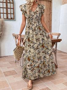 SHEIN LUNE Vestido largo informal de mujer con manga de tapeta, cintura con cordón ajustable, falda con volantes en el bajo y estampado de ubicación, perfecto para vacaciones