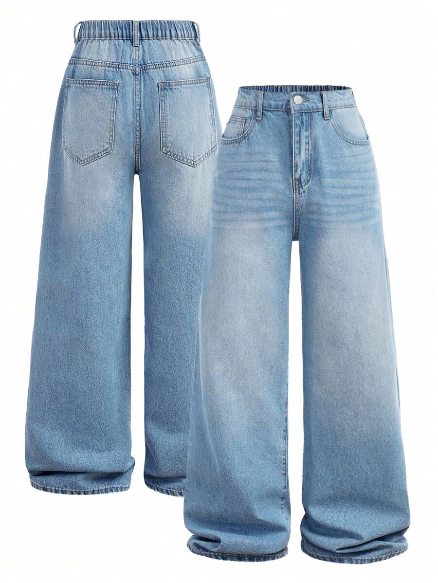 SHEIN 青少年男童时尚休闲Y2K舒适百搭蓝色宽松直筒牛仔裤，适合青少年男童日常穿着，柔软舒适，也适合青少年男童春夏穿着。