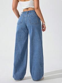 SHEIN PETITE Women's Loose Fit Pocketed Wide Leg Casual Versatile Denim Pants