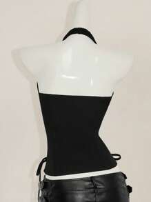 SHEIN ICON 夏季 Y2K V 领外出演唱会女士演唱会黑色哥特性感索环纯色时尚侧交叉带露背背心，夏季