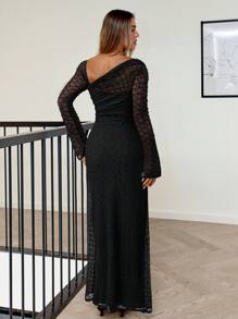 Siren Gaze 女式优雅纯色不对称领口长袖连衣裙 - 黑色 - 查看 2