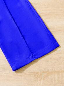 SHEIN Tween Girls Solid Lapel Neck Short Sleeve Single-Breasted Top And Wide-Leg Pants Casual 2 Pieces Set - Royal Blue - View 4