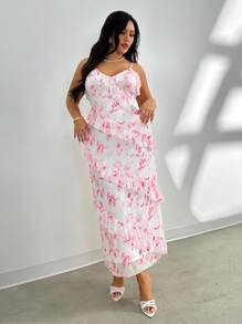 Firerie Romantisches Kleid mit Blume Muster in Große Größen für Herren, asymmetrisches Rüschenkleid, langes Trägerkleid, rosa Blumenkleid, geeignet für Valentinstag, Musikkonzerte, Aufführungen, Dates, Partys, Hochzeiten, sexy, elegant, fließendes Kleid, Sommerkleider für Frauen