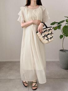 FRIFUL 女式多层荷叶边袖拼接宽松雪纺蝴蝶装饰纯色甜美奶油黄色长裙，休闲夏日假日风格，适合生日派对、婚礼宾客 - 米色 - 查看 6