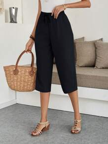 EMERY ROSE Women Solid Color Elastic Waist Casual Versatile Capri Pants Work Pants - Blue - View 3
