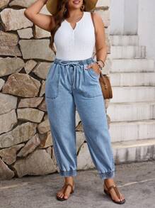 EMERY ROSE Plus Size Casual Washed Drawstring Waist Tapered Leg Jeans - Light Wash - View 5