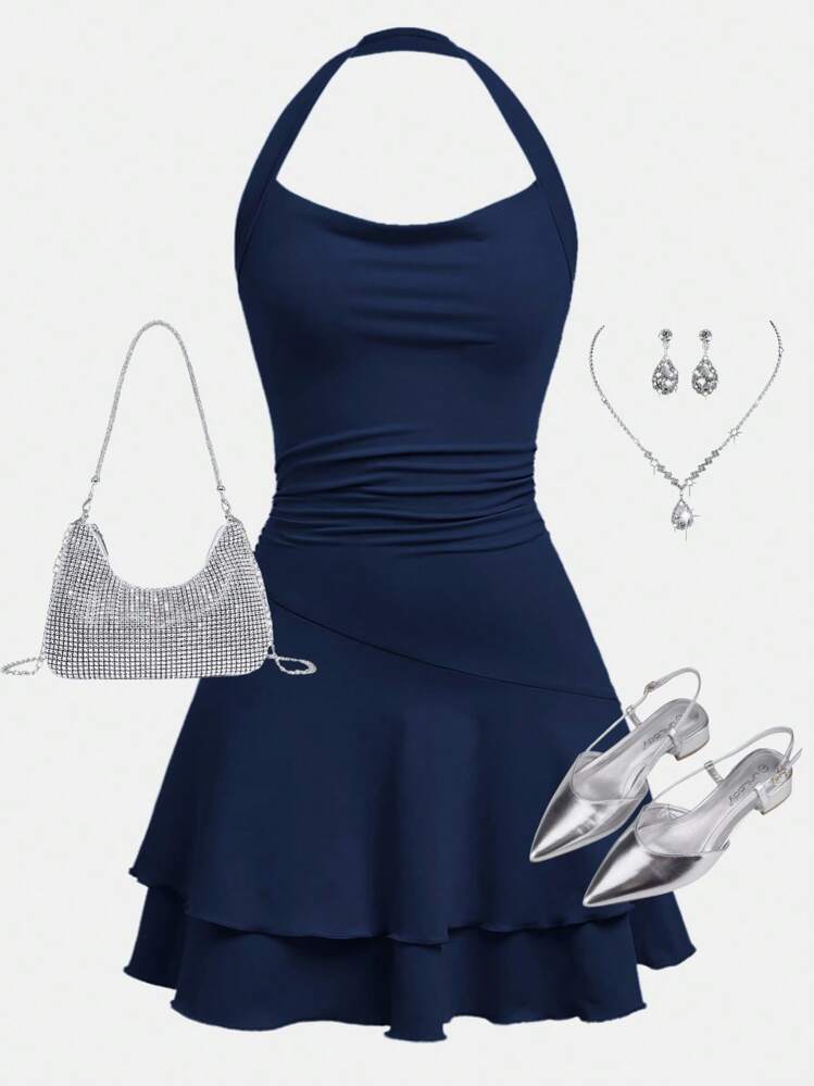 SHEIN Girlism Robe patineuse à volants au ourlet pour adolescentes, en tricot - Bleu marine - Voir 1