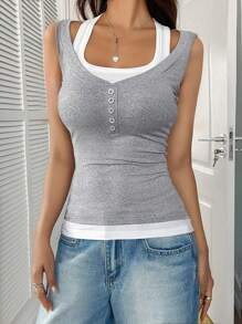 Chiquease Áo ba lỗ không tay 2 trong 1 màu sắc đơn giản mùa hè - Xám - Xem 6