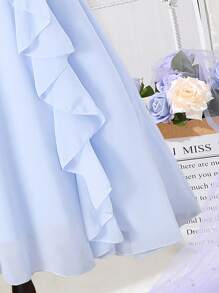 Women Long Dress, Top Half Lace Material With V-Neck, Bottom Half Chiffon Fabric With Ruffle Trim - Baby Blue - View 4
