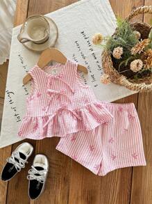 SHEIN LMoss Kids 女婴可爱夏季粉色和白色条纹蝴蝶结无袖上衣和松紧腰短裤套装 - 粉色 - 查看 5
