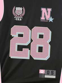 SHEIN Teen Girls' Casual Fashion Creative Pink & Black Contrast 28 Number Graphic Basic T-Shirt And Bike Shorts 2pcs Set - Multicolor - View 6