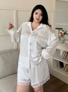 Dazy Plus Conjunto de pijama blanco de manga larga holgado con contraste de encaje estilo camisa